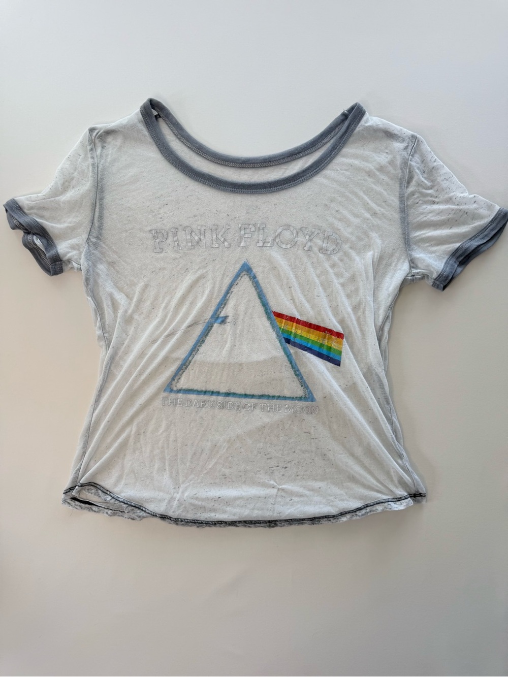 Pink Floyd White Sheer Tee with Rainbow Prism and Gray Trim